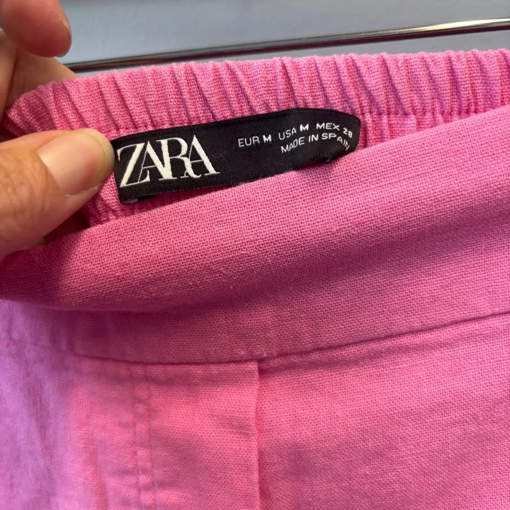 Zara Pink Linen Blend Wide Leg High Rise Elastic Waist Trousers Pants medium